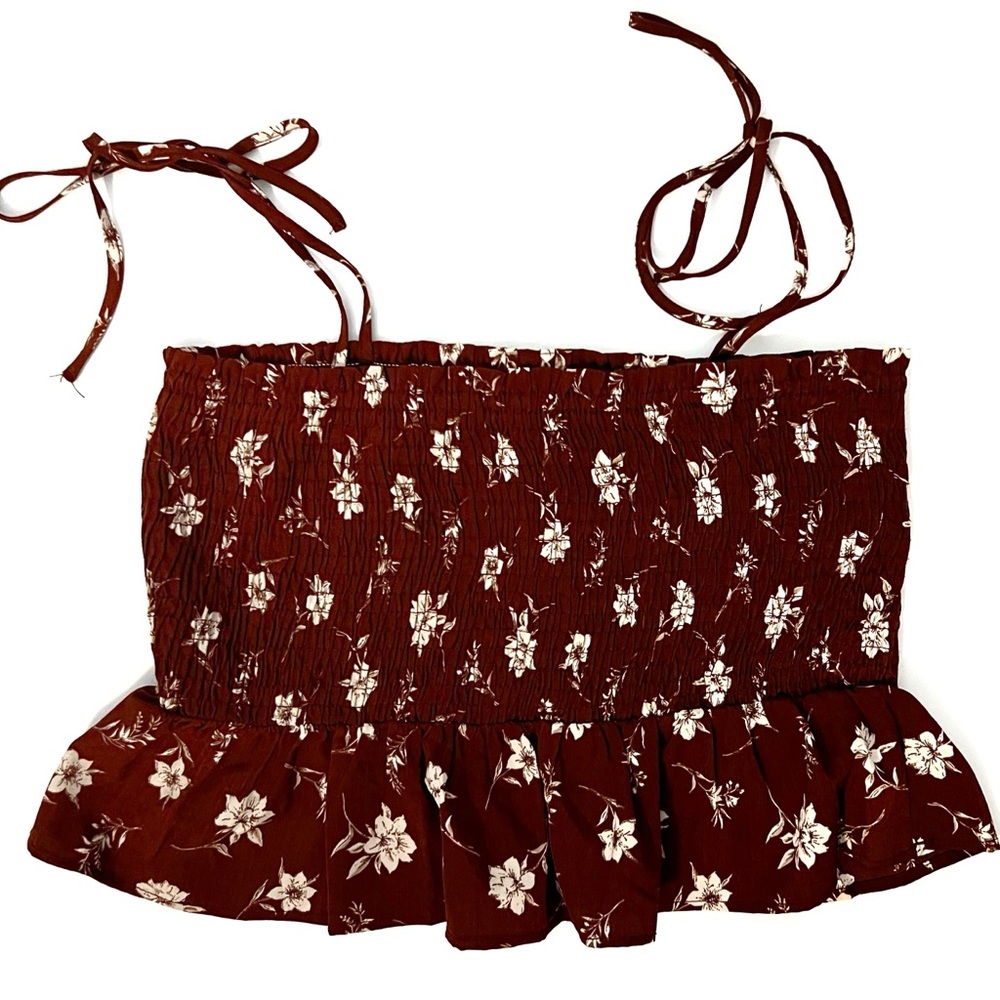 Paper Crane brown floral smocked boho crop top elastic straps festival large - Picture 6 of 8